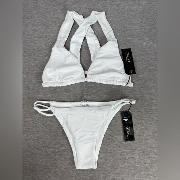 Tavik Ribbed Bikini Set Women's Small White Crisscross Back Swimwear - Picture 1 of 7